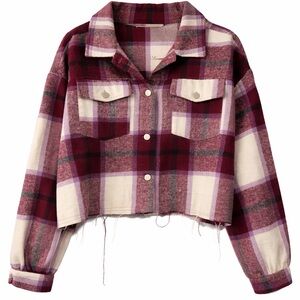 Cropped Plaid Button-Front Shacket in Burgundy and Cream